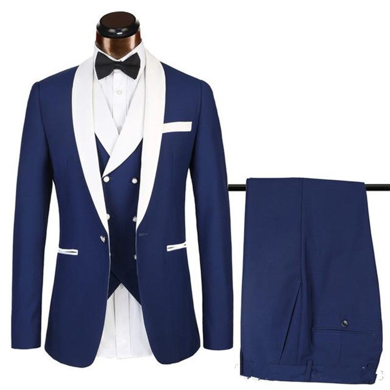 New Custom Slim Fit Royal Blue Men Suits Wedding Groom Tuxedos 3 Pieces (Jacket Pants Vest) with White Lapel Groomsmen Suits Best Man Blazer