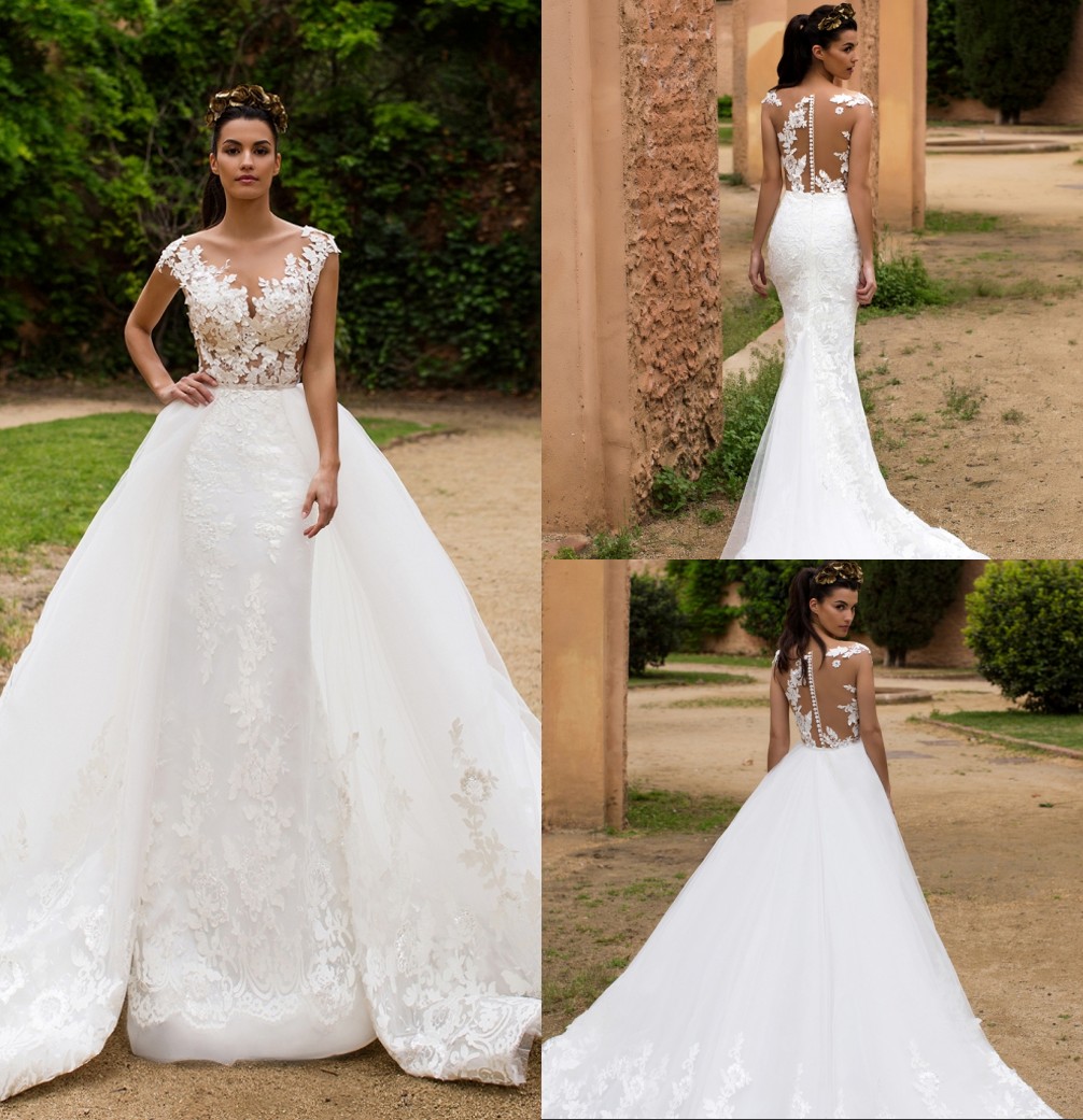 

2019 Elegant Memaid Wedding Dresses With Detachable Train Sexy Vintage Sheer Lace Appliqued Beach Bohemian Boho Plus Size Bridal Gown, Pink