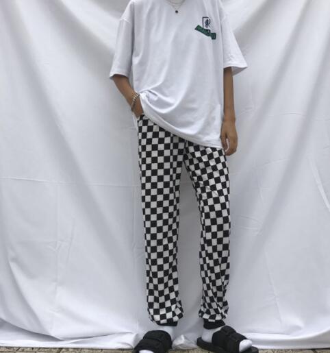 

2020 retro Harajuku checkerboard Japanese hip hop Kpop Slim Elastic waist Pant Tracksuit Trouser men straight Long pants unisex, 02