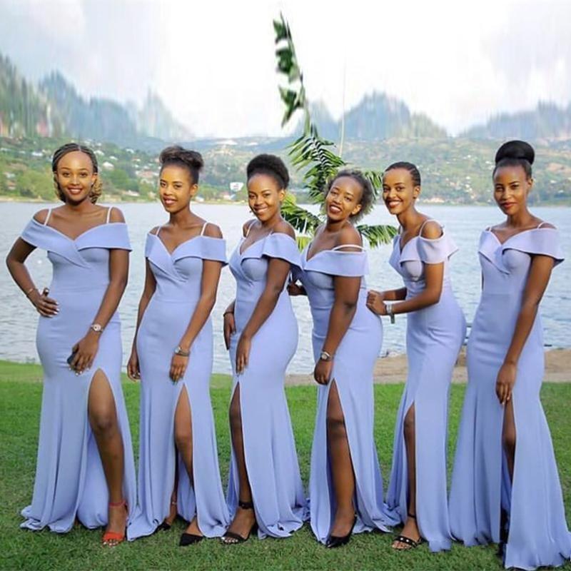 

Elegant Lavender Off The Shoulder Satin Long Bridesmaid Dresses Ruched Split Sweep Train Wedding Guest Maid Of Honor Dresses