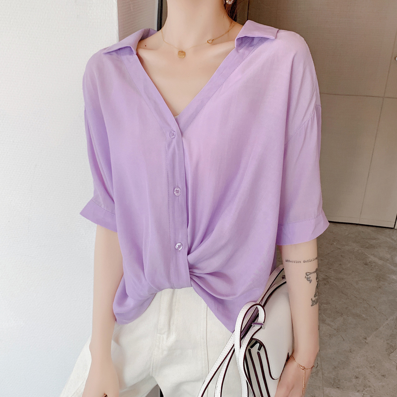 

Deep V-Neck Blouse Women Summer New Criss-cross Chiffon Blouse Female Solid Short Sleeve Loose Casual All-match Shirts Plus Size, Purple