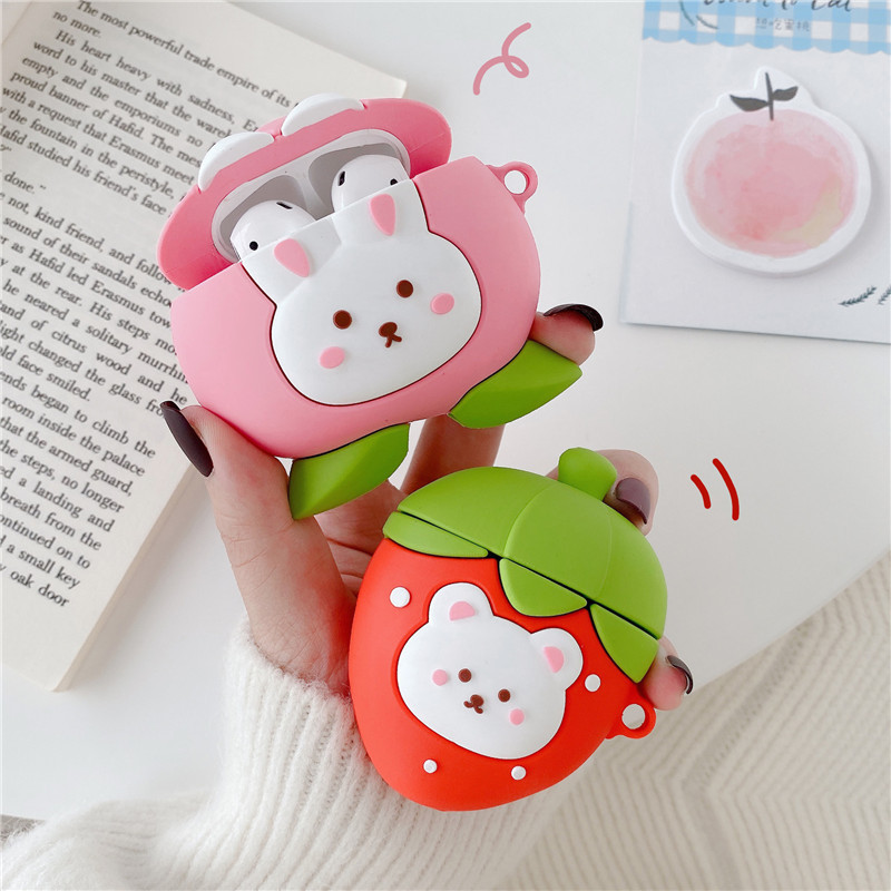 

INS For Airpods 1 2 Case Silicone Peach Cute Rabbit Strawberry Earphone Case For Apple Airpods pro Accessories with Keychain, A for airpods 1/2