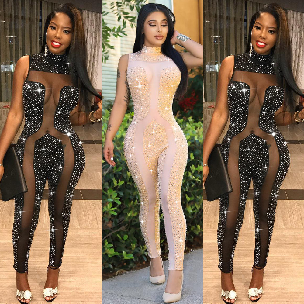 Spot! Hot European And American Sexy Transparent Diamond Slim-Fit One-Piece Nightclub Clothes And White-image-524474745