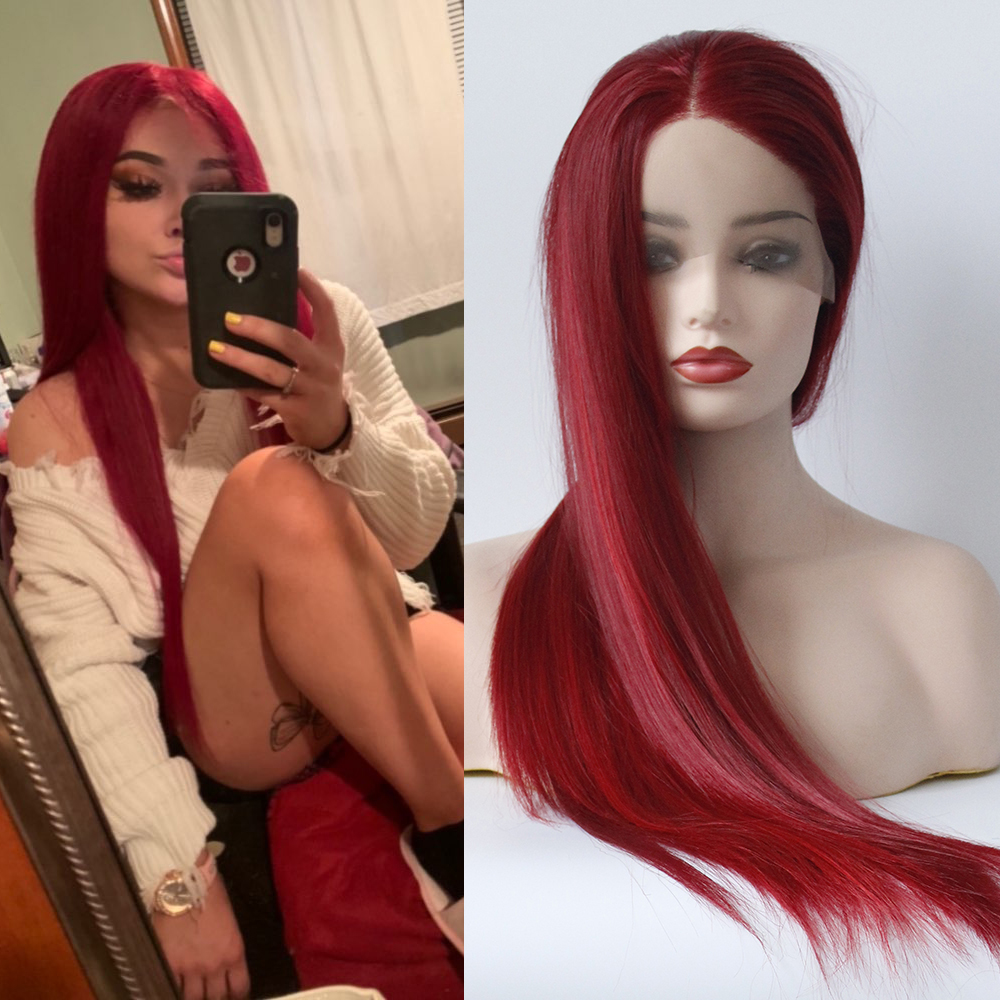 

Burgundy Color Glueless Synthetic Lace Front Wig Natural Hairline 13x4 Heat Resistant Synthetic Hair Lace Wigs For Women Red Wig Cosplay, Black