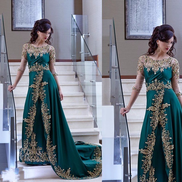 

Elegant Arabic Dubai Evening Dresses Half Sleeve hunter Green Party Gown prom Satin Dress With gold lace Appliques abiye gece elbisesi, Royal blue