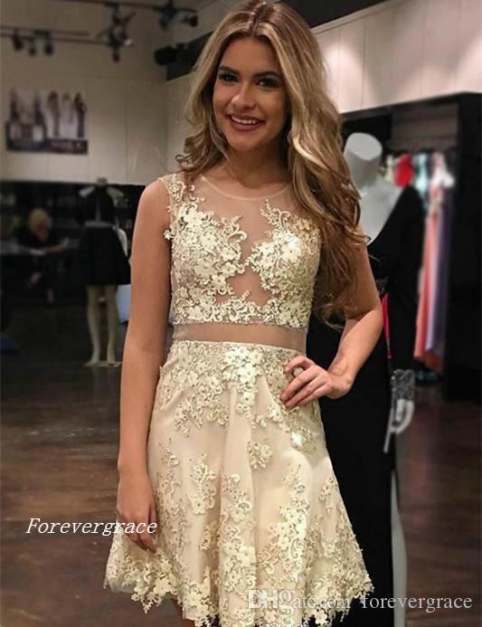 

2019 Short Summer See Through Prom Dress Lace Appliques Illusion Bodice Sweet 15 Cocktail Party Dress Plus Size Custom Made, Light yellow