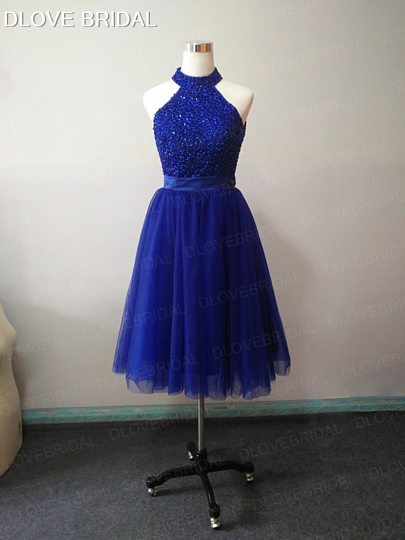 

Short Royal Blue Prom Dress Keyhole Back High Neck A Line Special Occassion Evening Party Gown Delicate Sequin Beaded Factory Real Photos, Purple