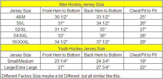 Ice Hockey Jersey Size Chart