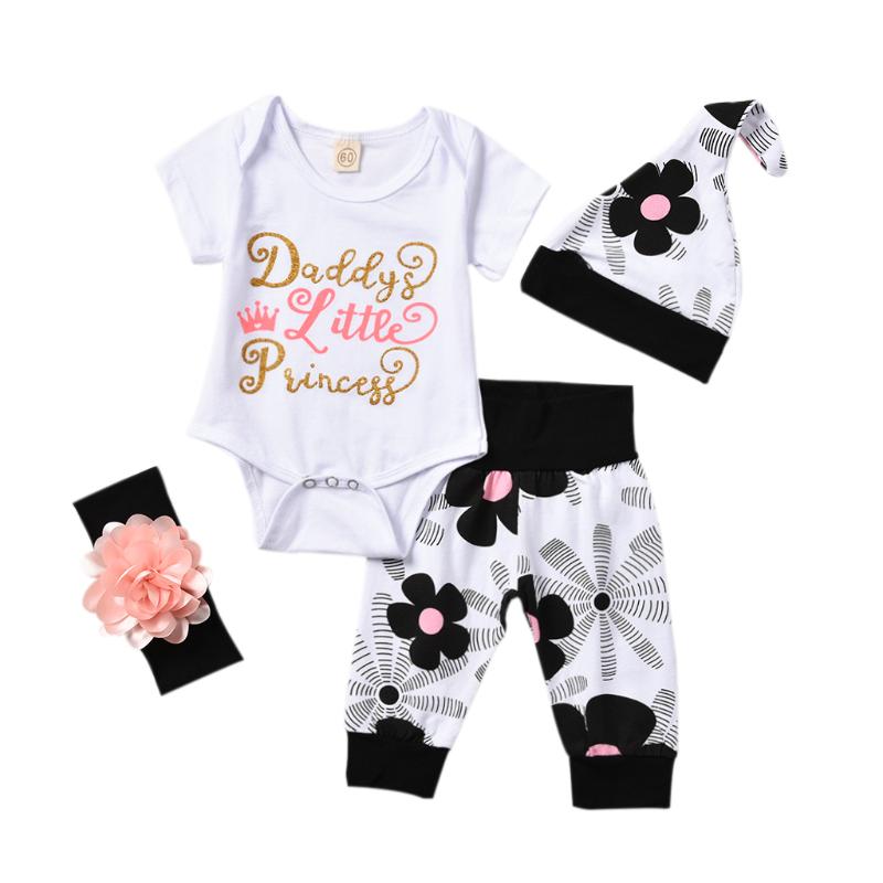 

New 4PCS Kid Tops Romper Baby Girl Floral Pants Headband Outfits Set Newborn Clothes, White