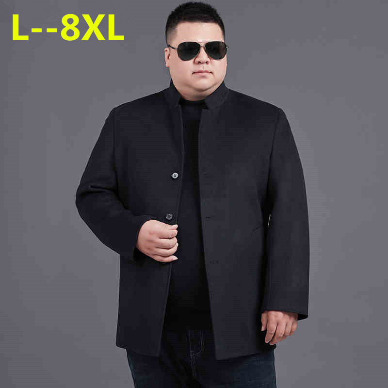 

8XL 6XL 5XL Autumn winter Male Woolen Coats Mandarin collar Business Jackets Mens solid color Thicken Warm Wool&blends Overcoat, Black