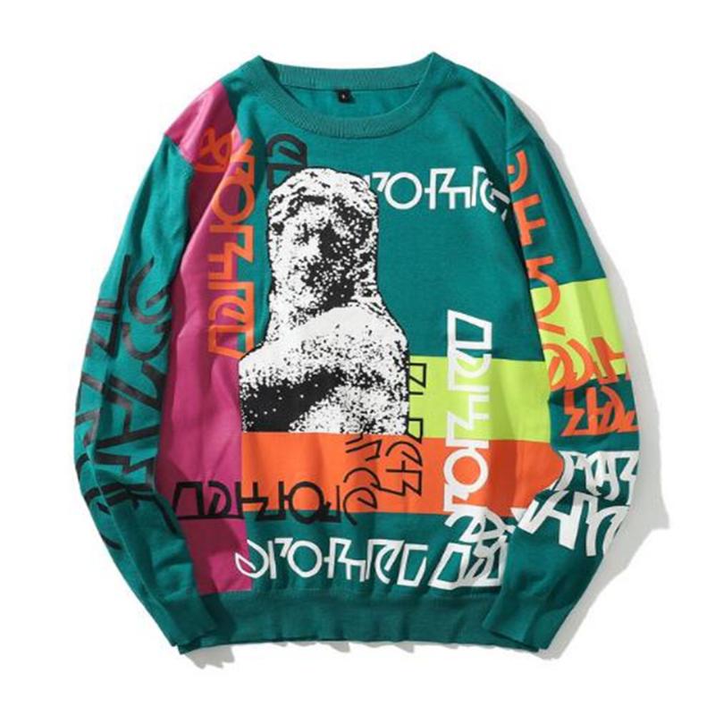 

High street hip hop fashion men's 100% cotton Round collar Graffiti printing long sleeve sweater Vintage casual oversize sweater, Green