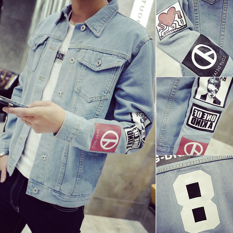 

2020 Spring And Autumn Printed MEN'S Denim Jacket Korean-style Slim Fit Casual Fashion Youth Coat on Clothes Trend, G dragon jeans coat
