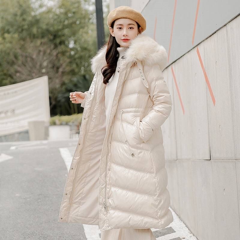

2019 Winter Women Large Real Fur Collar White Duck Down Jacket Female Korean Style Puffer Warm Long Coat Parka Mujer M05, Black
