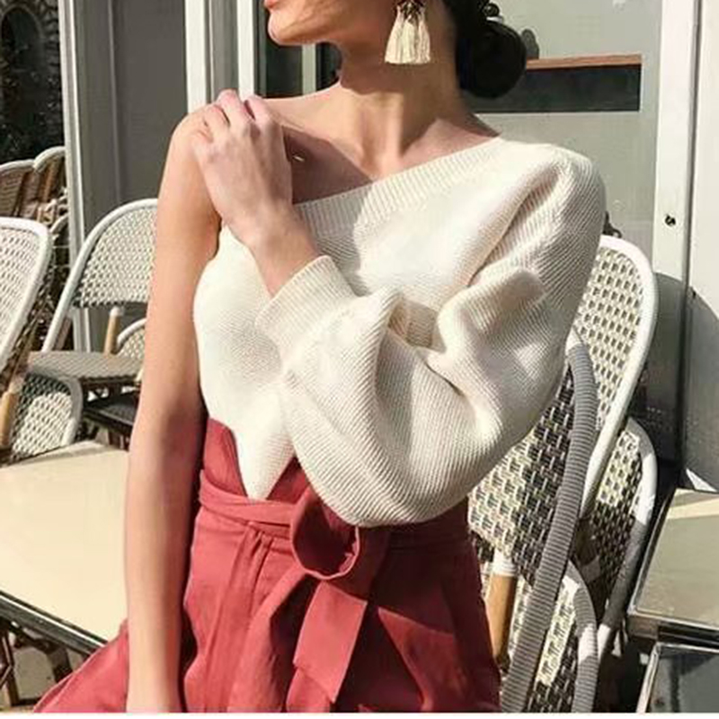 

2019 autumn white one shoulder knitted sweater women sexy elegant off shoulder loose knitted top pullover streerwear