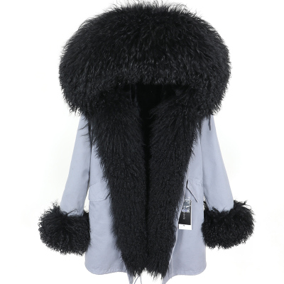 

Warm coats maomaokong brand Black Mongolia sheep fur trim Placket black rabbit fur liner grey long parka cuff fur, Choose the model