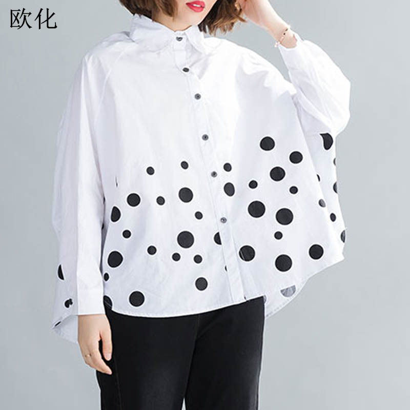 

2020 Summer Women Blouse Plus Size 4XL 5XL 6XL Cotton Oversize Batwing Sleeve Vintage Polka Dot Cardigan Shirt Roupa Feminina, Black