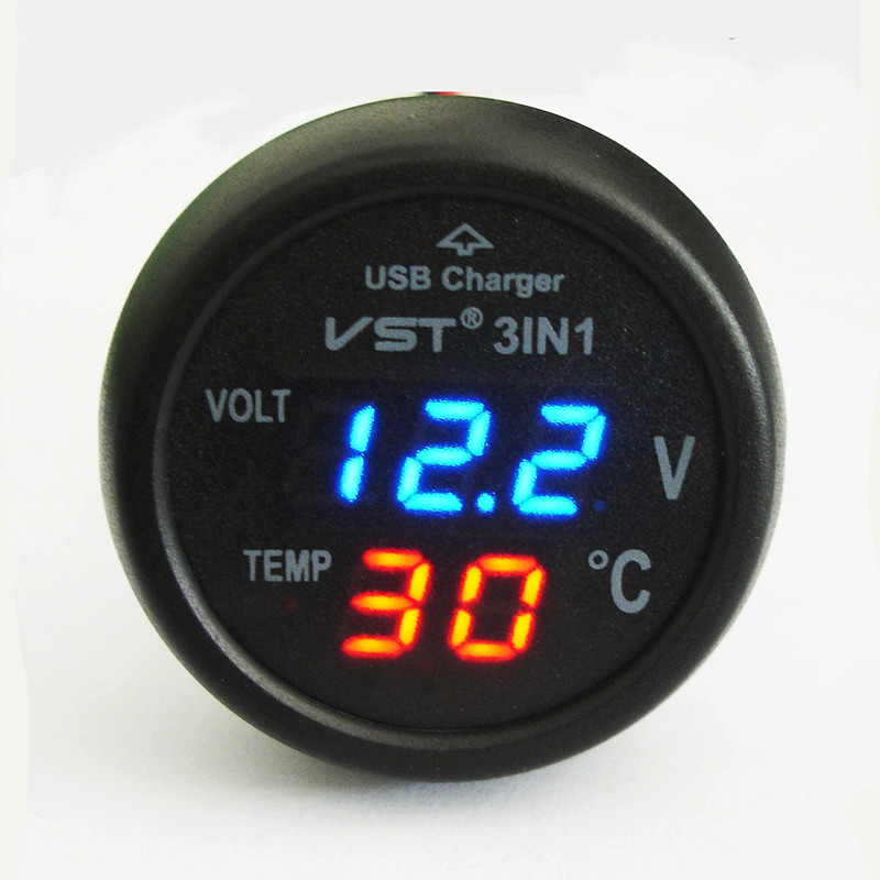 

Universal Cigarette Lighter Car Usb Port Cell-Phone Charger Digital LED Display Voltmeter Thermometer Auto Gauge 3 in 1 12 V 24 Volt Battery