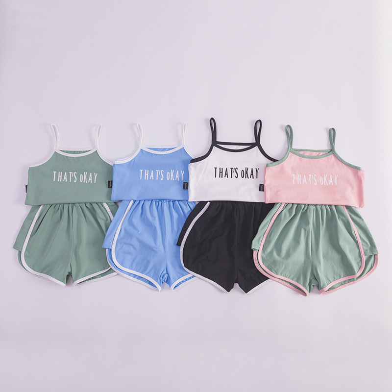 

New Arrival Summer Girls Clothing Sets Fashion Sports Suspenders Top+Short 2 Pieces Suit Toddler Kids Clothes Outfits, Sky blue