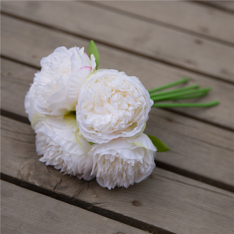 

5 heads simulation peony hand tied flowers European royal peony bride hand hold bouquet wholesale home decoration peony silk flower, Milk white
