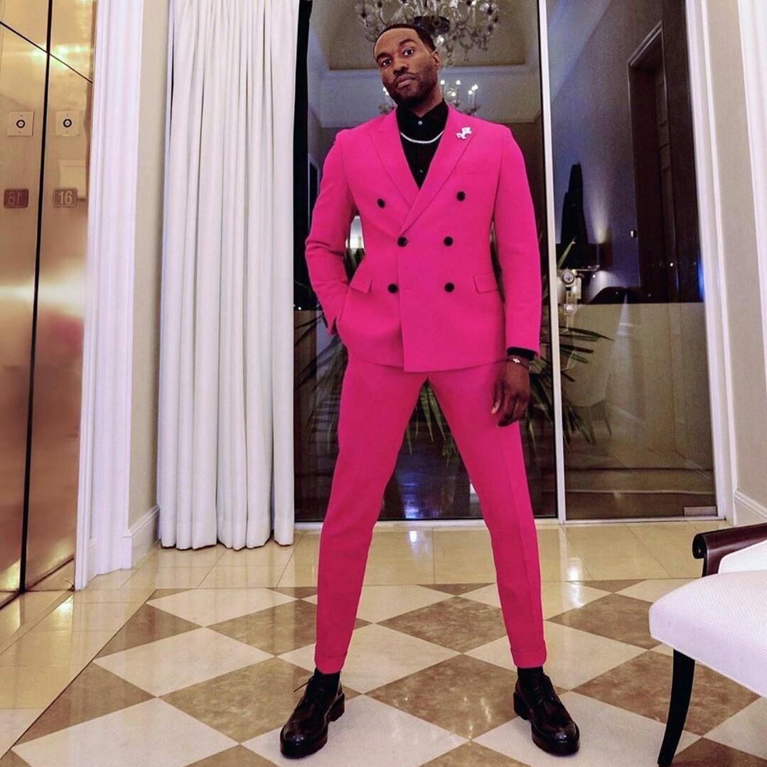 

High Quality Two Pieces Mens Suits Slim Fit Wedding Grooms Tuxedos Peaked Lapel Formal Blazer Double Breasted Prom Suit (Jacket+Pants), Yellow