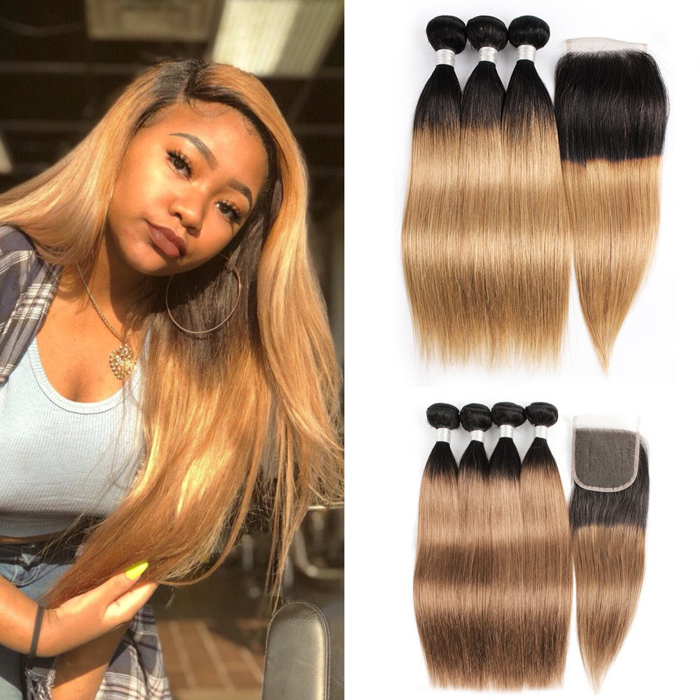 

Kiss Hair 1B 27 Ombre Honey Blonde 1B 30 Straight Ombre Human Hair Weave 3/4 Bundles with Closure Brazilian Virgin Remy Hair, T1b/27