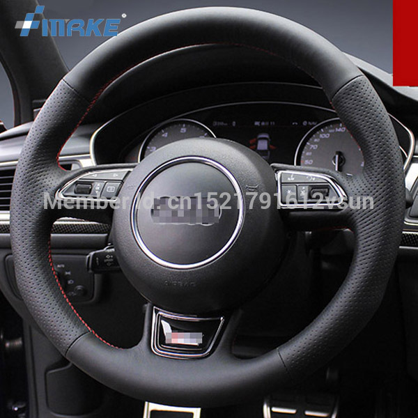 For Audi S6 High Quality Hand-stitched Anti-Slip Black Leather Red Thread DIY Steering Wheel Cover-image-444130611