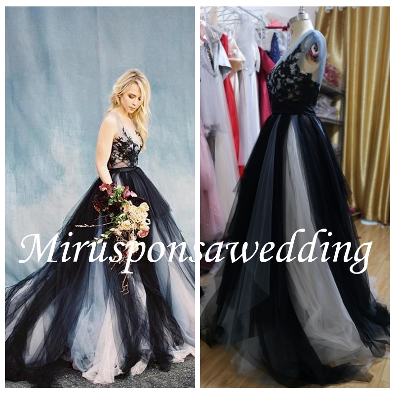 

Romantic Scoop A-Line Black Wedding Dress Sweep Train Ombre Gothic Wedding Dresses Lace Appliques Pearls Beading Plus Size Bridal Gowns, Custom made from color chart