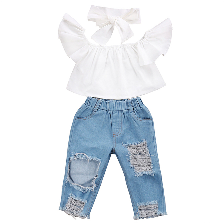 

Baby girl kids clothes Set Flying sleeve White top+Ripped Jeans Denim pants+bows Headband 3pcs sets Kids Designer Clothes Girls EJY352