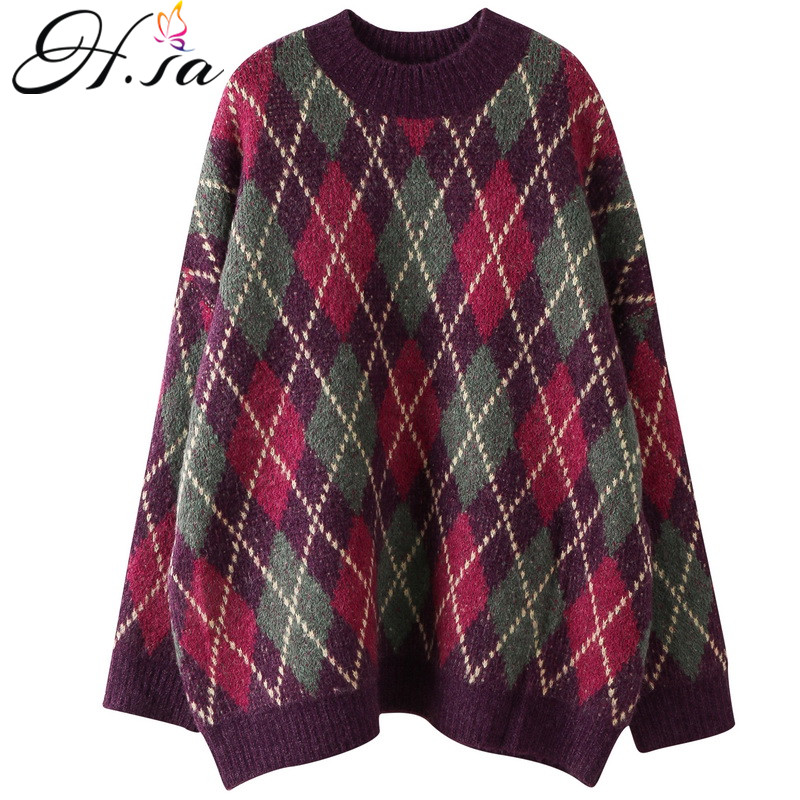

Hsa 2020 Women Casual Sweaters Oneck Loose Style Geomertric Pull Jumpers Purple Pink Cashmere Winter Sweater Jumpers Retro Tops, Hf19602 green