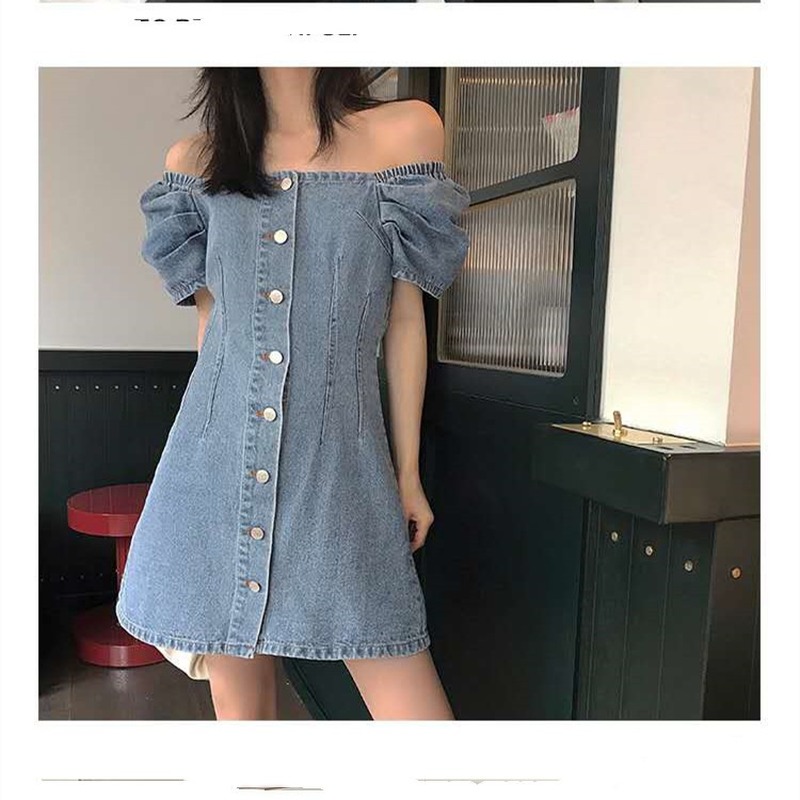 

QNPQYX New Slim Elegant summer dress Vintage Square Off Shoulder Denim Single Breasted Mini Dresses for Women Jeans Casual robe femme, Sky blue
