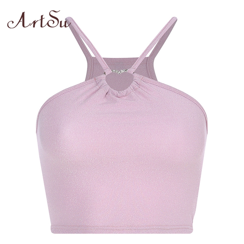 

Backless Pink Cute Crop Top Sleeveless Camis Women Summer Lurex Sexy Fitness Halter Vest Cami Tops Streetwear ASVE20627