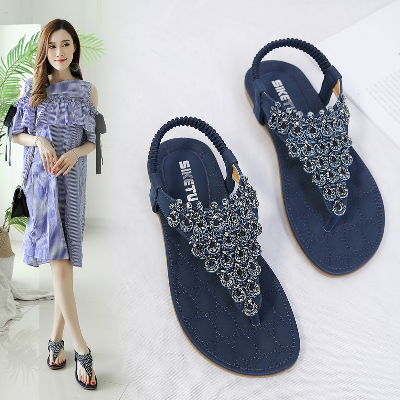 

Ladies Bohemia Flat Sandals, Women Summer Beach T-Strap Flip Flop Sparkling Rhinestone Walking Shoes Casual, 1233-7 khaki