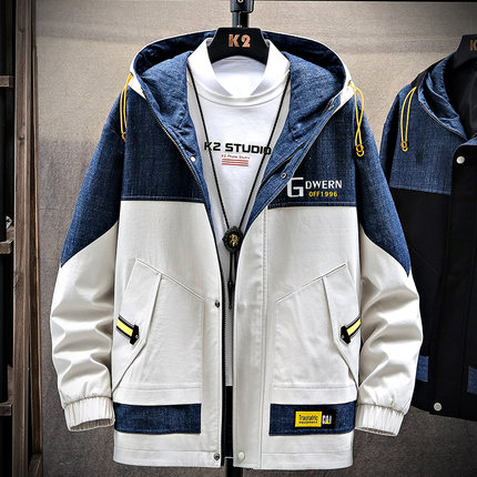 

Men's Spring Autumn hooded denim jacket coat mens fashion working jacket all-match Casual Stitching Punk Hooded Denim Jackets, Beige