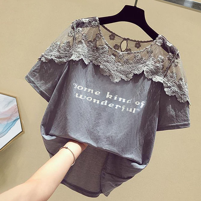 

2020 Summer Women' Short Sleeves Lace Patchwork Letter T-Shirt Tee Girls Pullover Casual Tops Tees A2932, Black