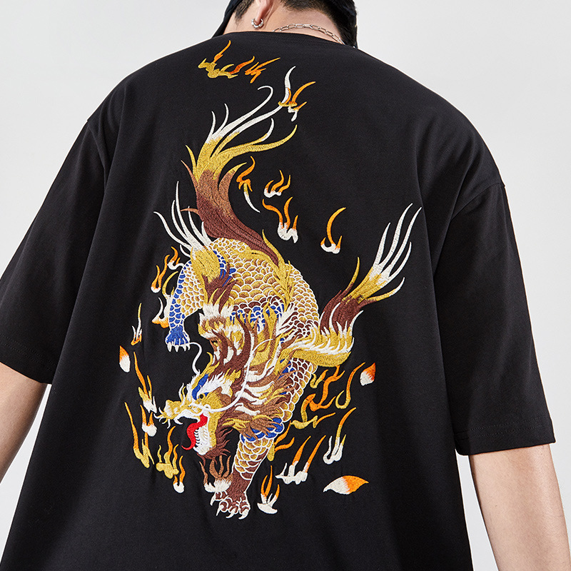 

Chinese Style Embroidery Peking Opera Tee Tops Hip Hop Loose Cotton Csaual Streetwear Fashion Retro T-shirt Oriental Clothing