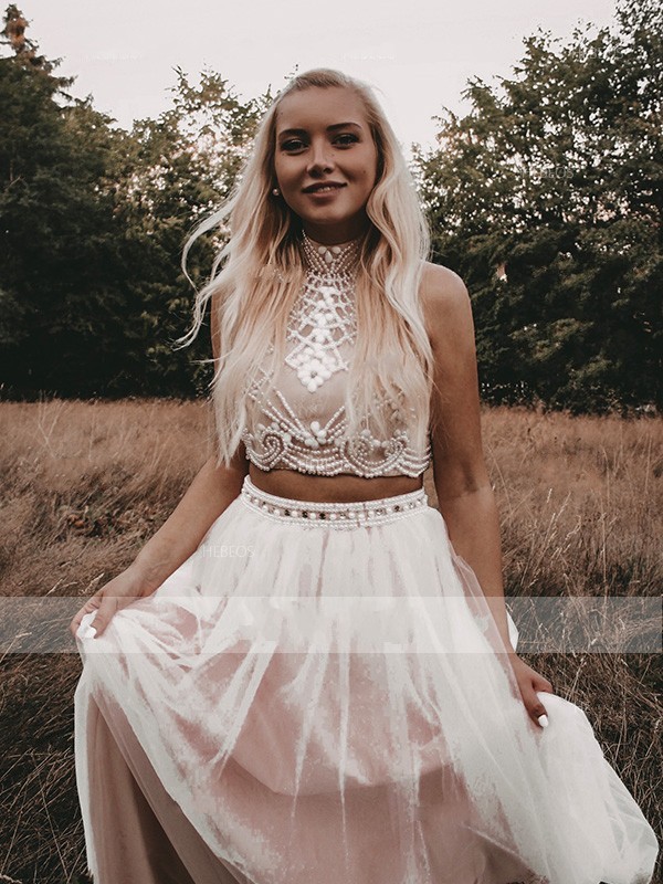 

2020 Fashion Pearls Country Wedding Dresses 2 Piece High Neck Keyhole Back A-line Wedding Reception Dress Bridal Party Vestidos De Novia, Silver