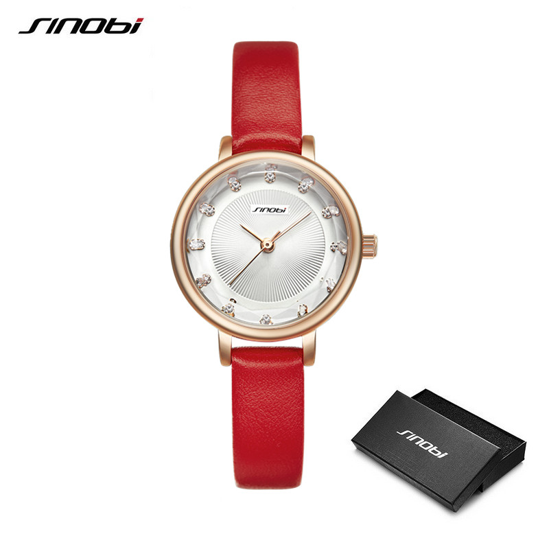 

cwp 2021 SINOBI Women Watches Simple Ripple Diamond Dial Small Elegant Ladies Watch Red White Leather Quartz Wristwatch Female Gifts, Slivery;brown