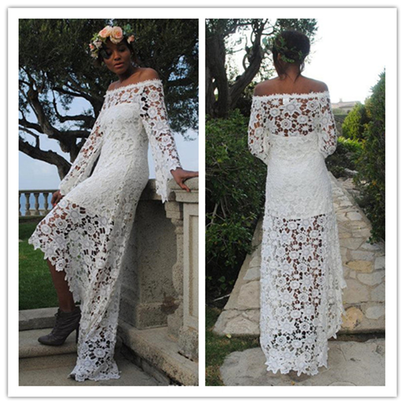 Boho dentelle Robes de mariée 2020 Spring manches longues à l'épaule Haute basse en dentelle pleine dentelle bohème robe de mariée sur mesure Ves