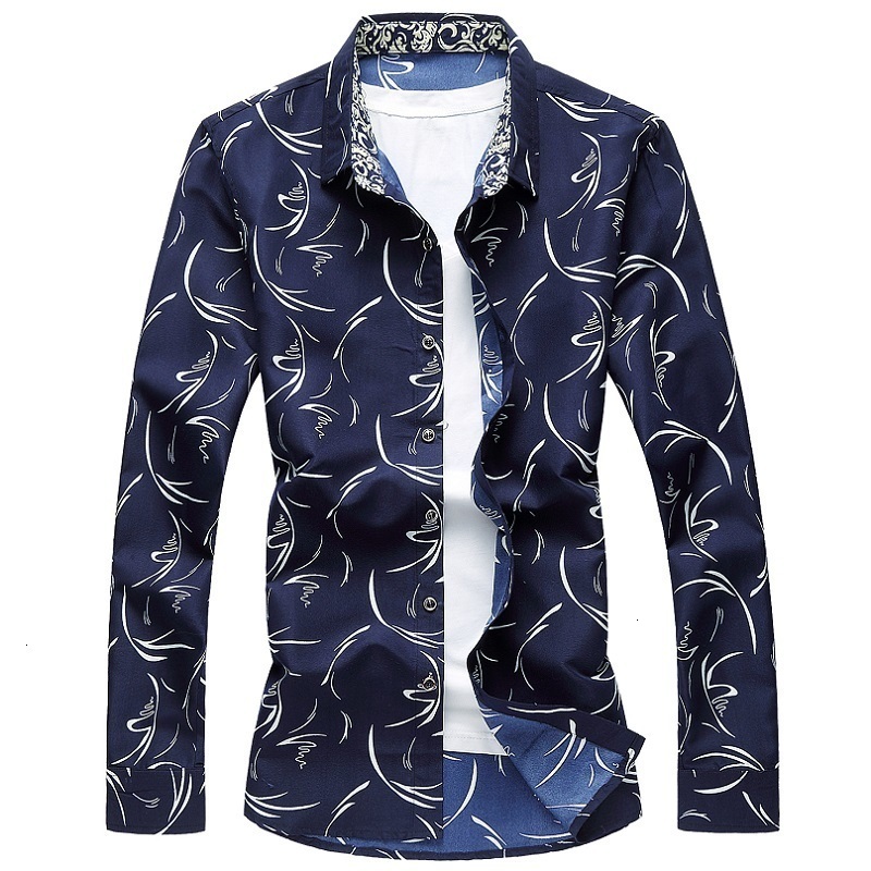 

M-6xl Men's Blouse Spring 20197 Button Printed Long Sleeve Long Sleeve Shirt Size Men's Social Shirt, Blue