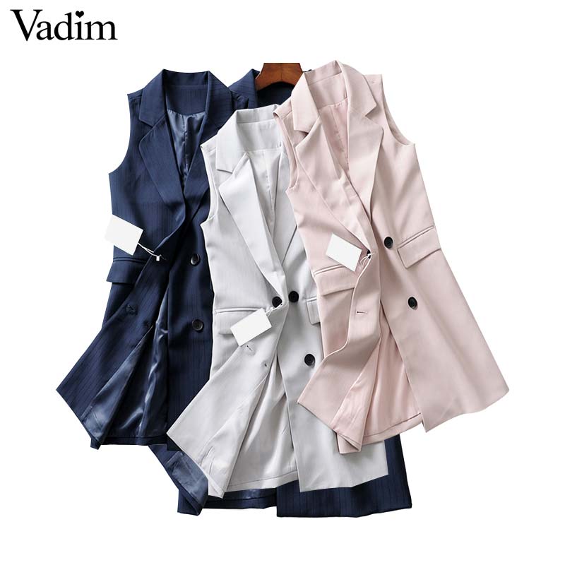 

Vadim women elegant sleeveless long vest double breasted waistcoat solid pockets jacket casual pink navy outerwear tops MA014