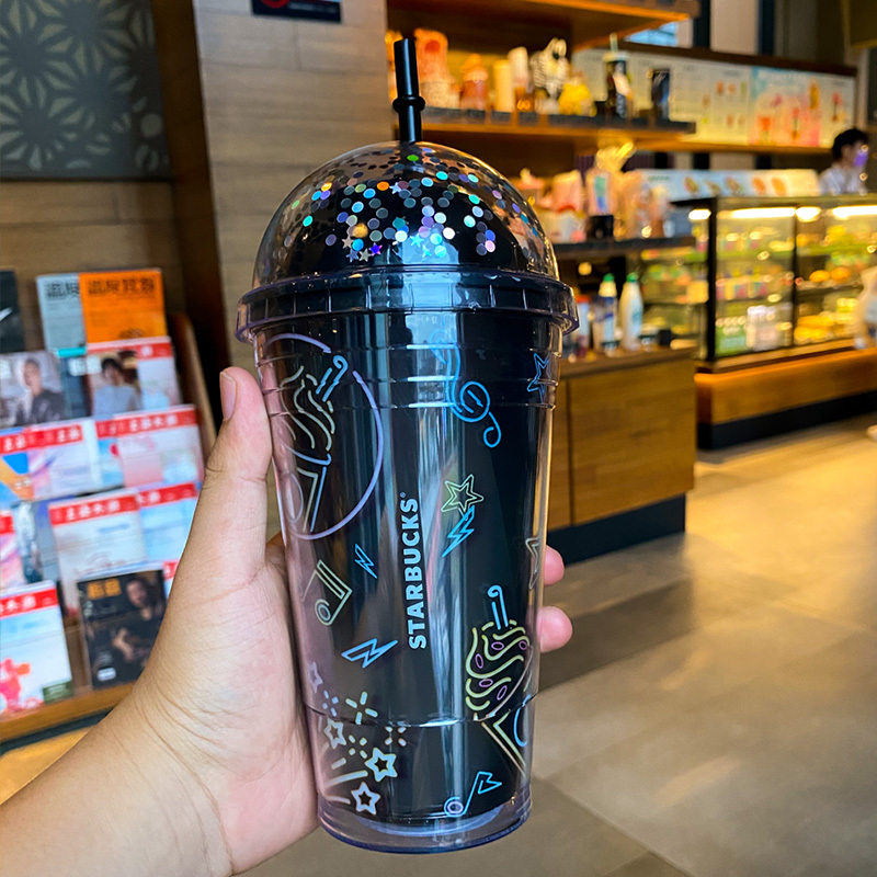 

New Starbucks Cool Summer Black straw coffee cup 473ml Plastic Arch cover cold water cup portable Accompanying cup