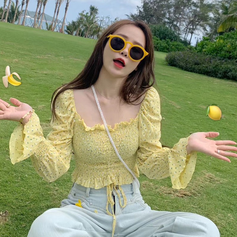 

Korean T Shirt Women Small Floral Print Square Neck Flare Long Sleeve Temperament TShirt Slim Short Tops Tee W1, Green