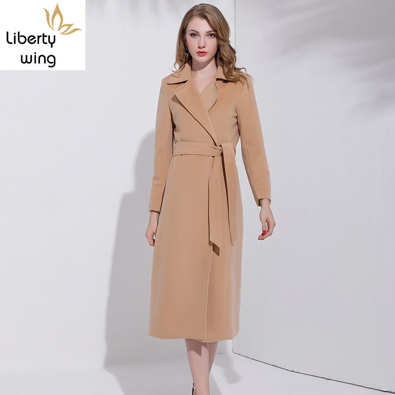 

New Winter Women Wool Fashion Solid Lapel Collar Outerwear Female Korean Slim Fit Belt Pocket Cashmere Coats, As the picture