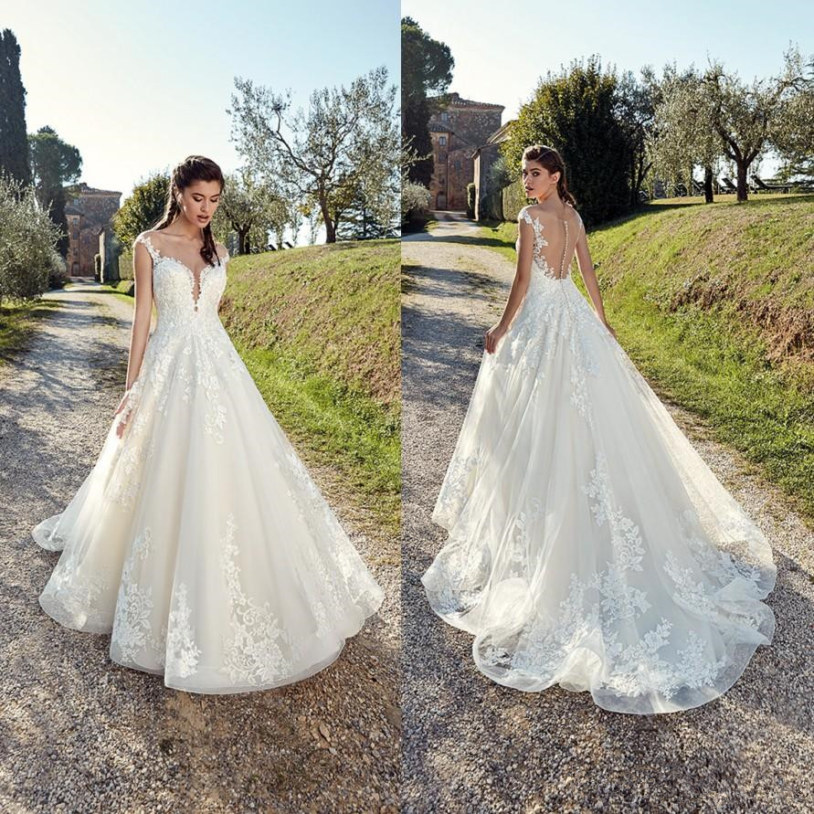

Eddy K 2020 A Line Country Wedding Dresses Sheer Neck Summer Bohemian Lace Appliques Sexy Backless with Buttons Boho Bridal Gowns, Custom made from color chart