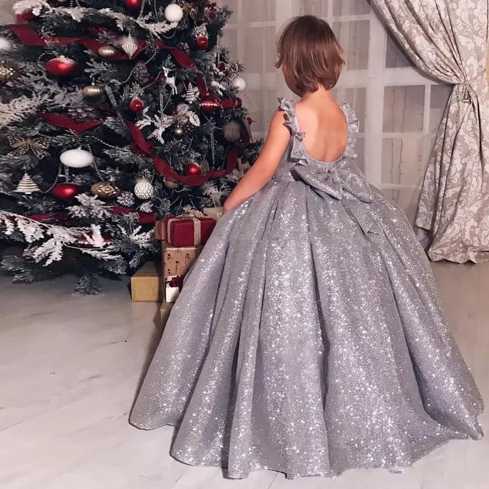 

2019 sparkly silver sequin ball gown girls pageant dresses with back bow floor length kids formal flower girl gowns, White;red