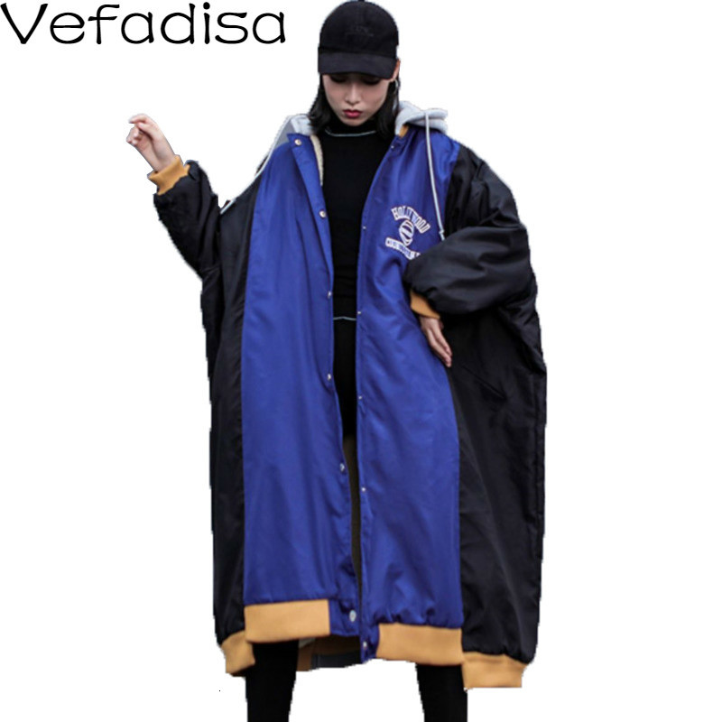 

Vefadisa Winter Patchwork Parka Woman 2019 Letter Printing Hooded Parka Loose Blue Single Breasted Thick Plus Size QYF1185
