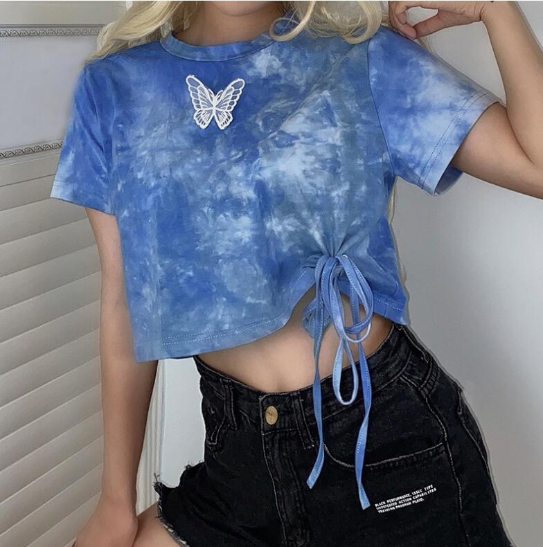 

New casual loose butterfly tie tie dye T-shirt women, Blue