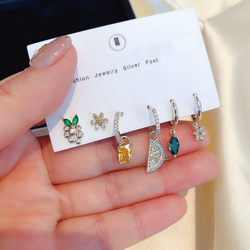 

Hoop & Huggie 925 Sterling Silver Fruit Flower Earrings Sets Shiny Colorful Cubic Zircon For Women Fashion Jewelry 6-piece