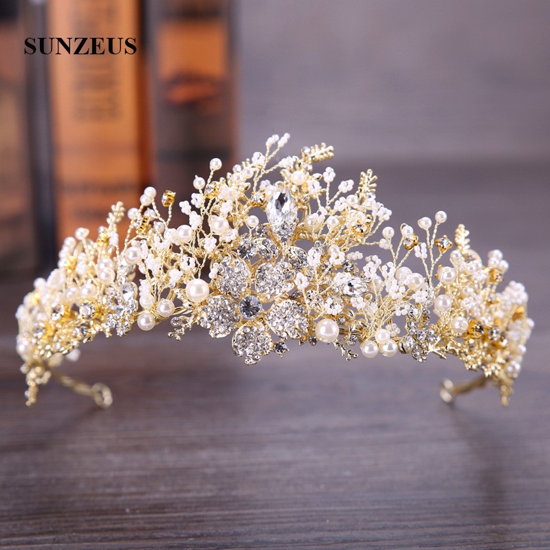

Gold Bridal Crowns Beading Pearls Crystals Wedding Tiaras Wedding Accessories 2020 Head Band SQ455