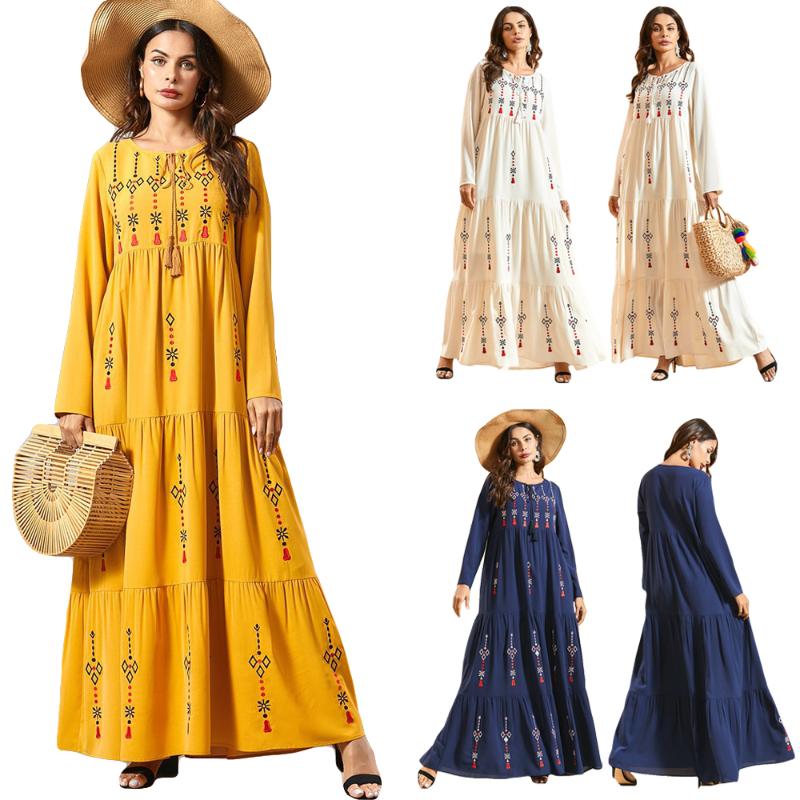 

Dubai Muslim Women Long Dress Abaya Embroidery Long Sleeve Loose Party Robe